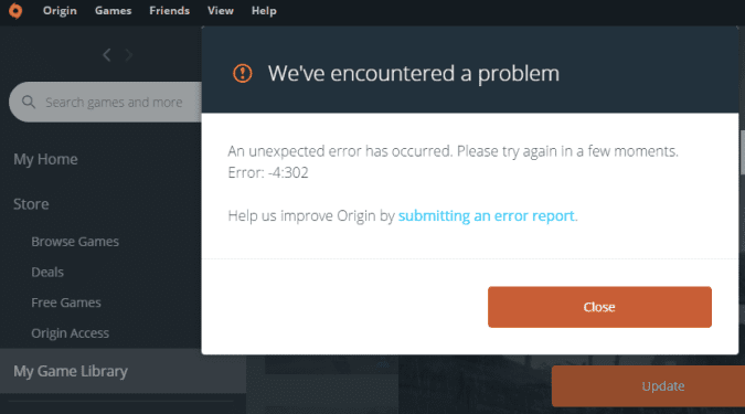 Fix Origin error 4302