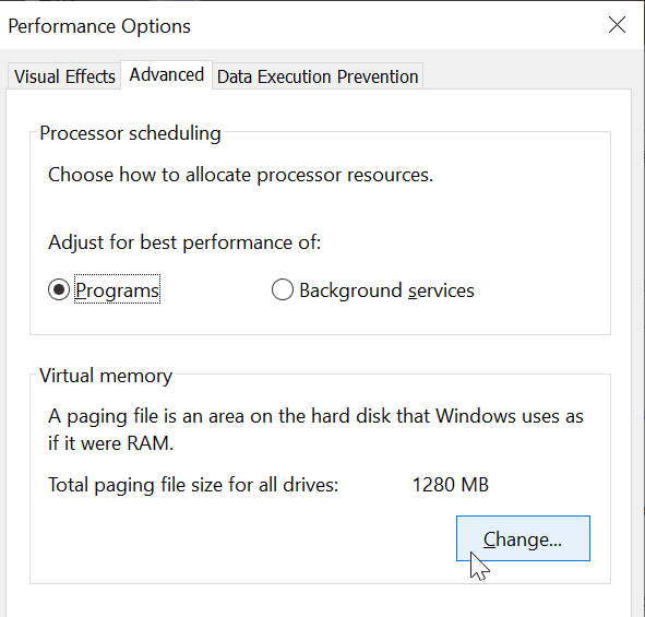 change virtual memory windows 10