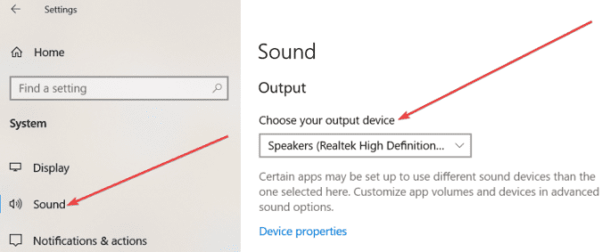 choose your output device windows 10 sound settings