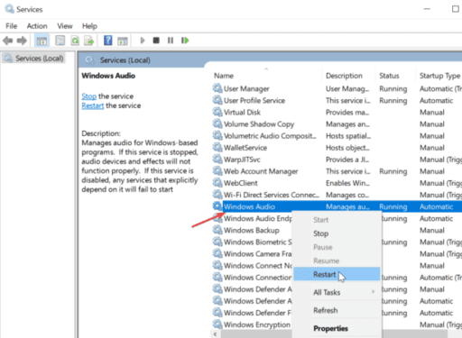 restart windows audio service