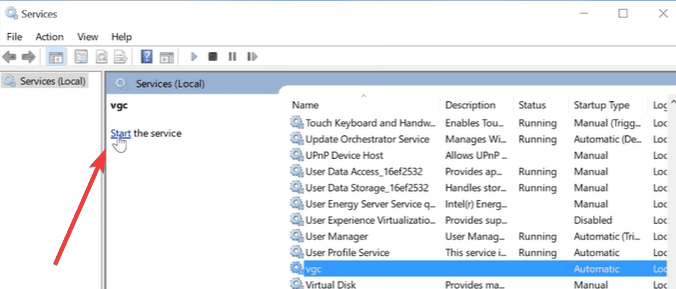 start VGC services app windows 10