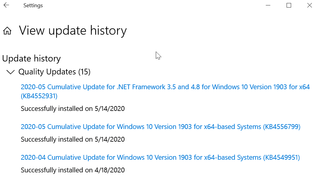 view update history windows 10