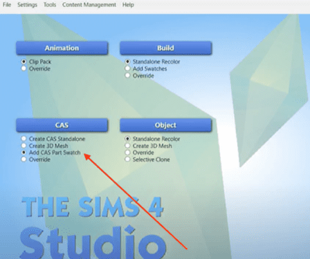 add CAS part swatch sims 4 studio