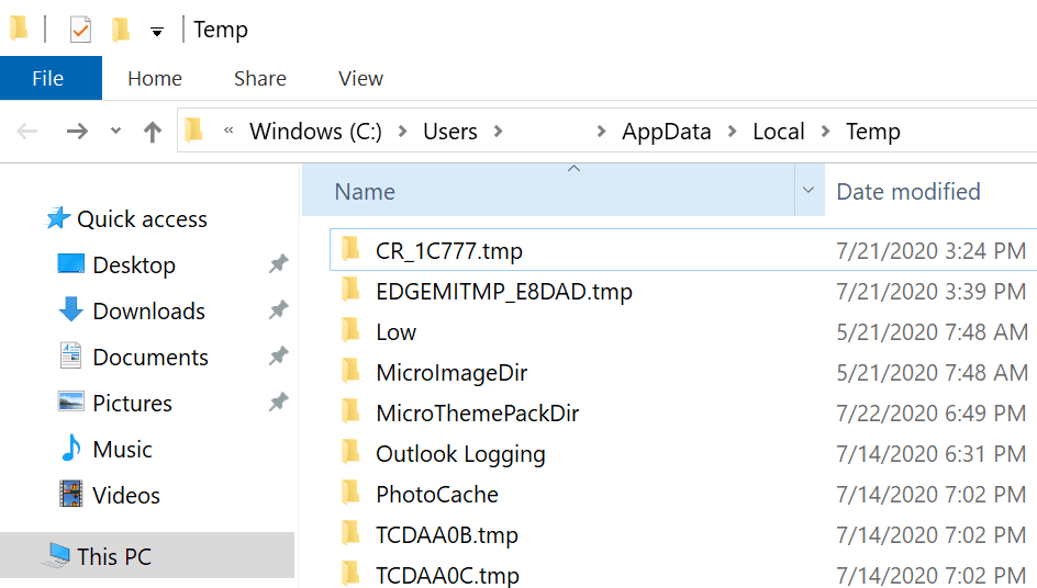 windows 10 temporary file folder