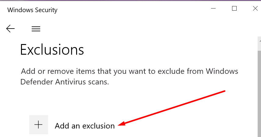 windows security add an exclusion button