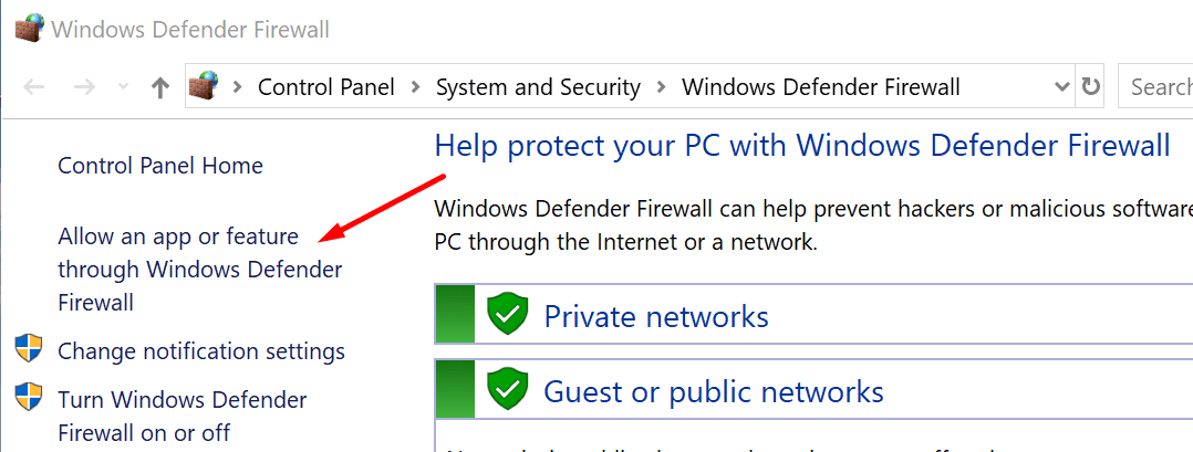 Allow an app or feature through Windows Defender firewall