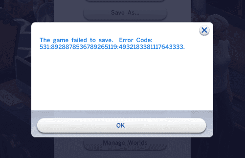 sims 4 error 531 game failed to save