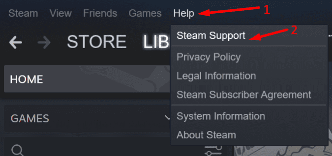 help steam support menu