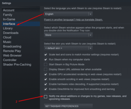 disable steam notifications game changes, new releases