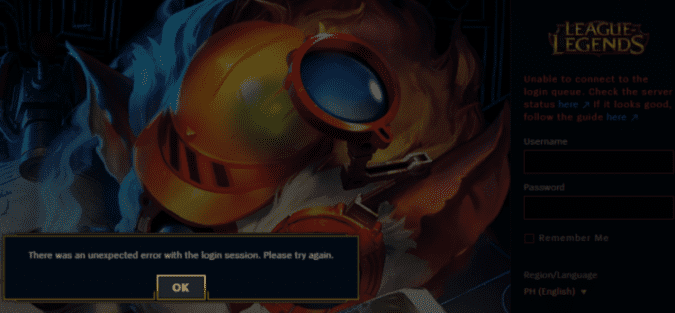 league of legends unexpected error with login session