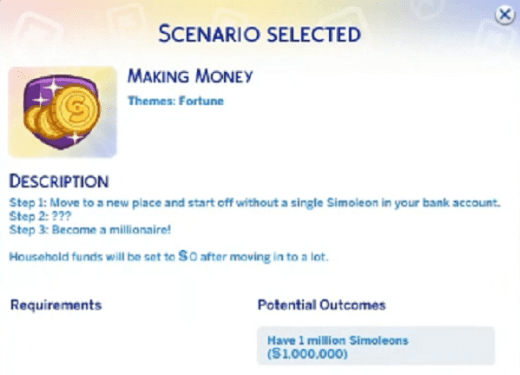 Sims 4 Making Money scenario ends if you move house