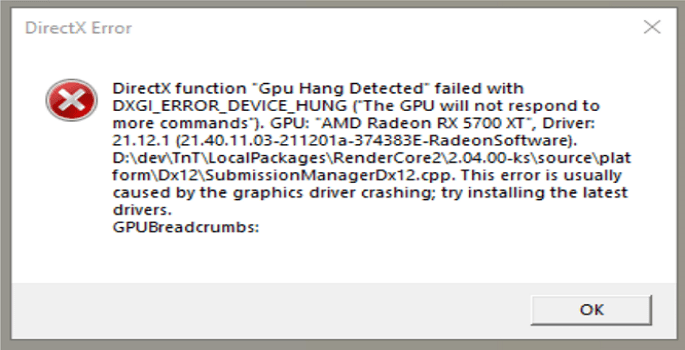 Fix Directx Function Gpu Hang Detected Failed