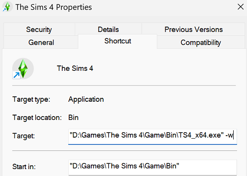 The-Sims-4-Properties-Shortcut-Target-line